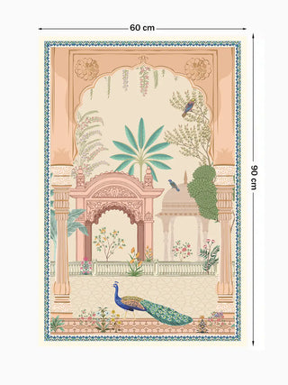 Mughal Garden portrait wall art showing a peacock in a courtyard beneath a scalloped arch, marked with its 90 cm by 60 cm dimensions.