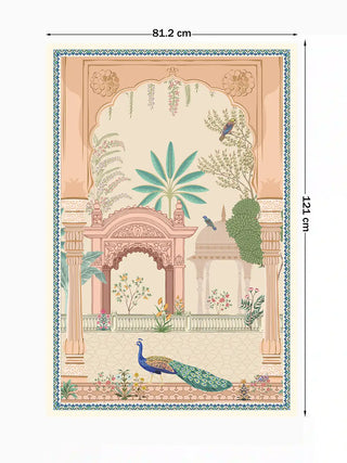Mughal Garden portrait wall art showing a peacock in a courtyard beneath a scalloped arch, marked with its 121 cm by 81.2 cm dimensions.
