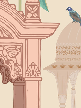 A detail of the Mughal Garden wall art showing a carved blush-pink gateway and a pale domed pavilion with a blue-green bird perched on top.