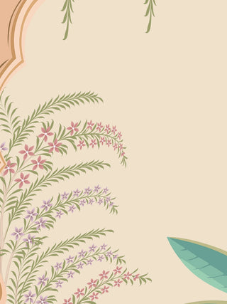 A detail of the Mughal Garden wall art showing arching green sprigs with pink and lilac flowers and a teal leaf beside the blush arch, on a cream ground.