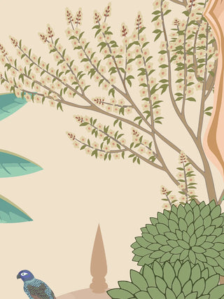 A detail of the Mughal Garden wall art showing a branching tree with cream flowers, a round green clustered shrub and a small blue-green bird.
