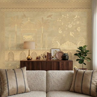 Colors of India Golden Sand wallpaper styled in a living room with a velvet sofa and wooden sideboard