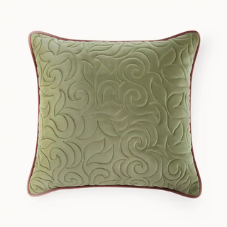 Front view of Velvet Mughal Bel Cushion Cover. an elegant quilted pattern of swirling leaves 