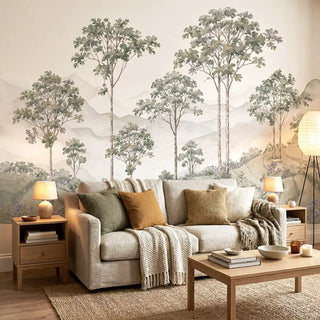The Munnar customized green landscape wallpaper styled as a panoramic feature wall behind a neutral contemporary sofa view-livingroom