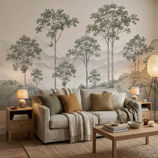 The Munnar customized green landscape wallpaper styled as a panoramic feature wall behind a neutral contemporary sofa.
