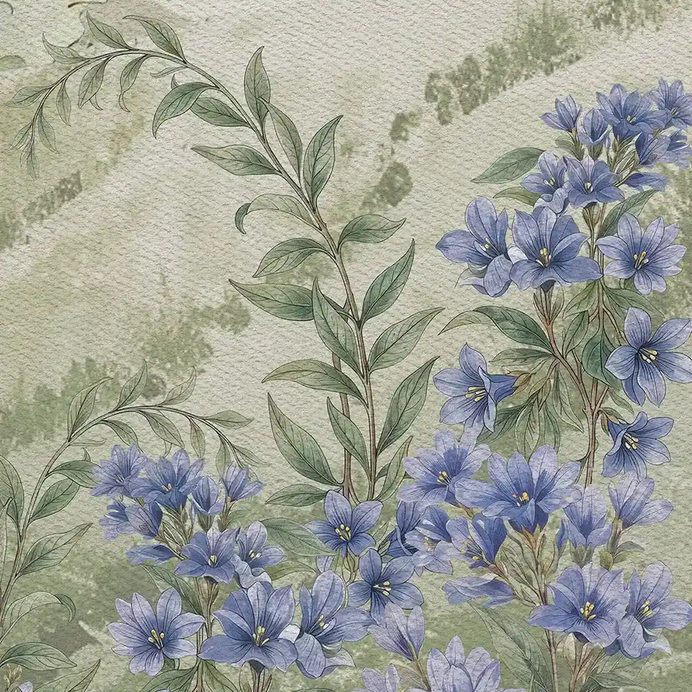 Close-up of terraced tea plantation hills and purple neelakurinji blossoms in a green landscape mural
