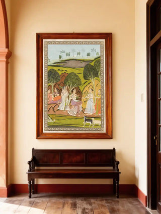 A large-scale Musical Evening art piece framed in a luxury hallway above a dark wood antique bench.