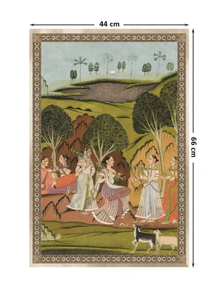Musical Evening women musicians and deer wall art in meadow green shown at 44 x 66 cm with dimension markings for size reference.
