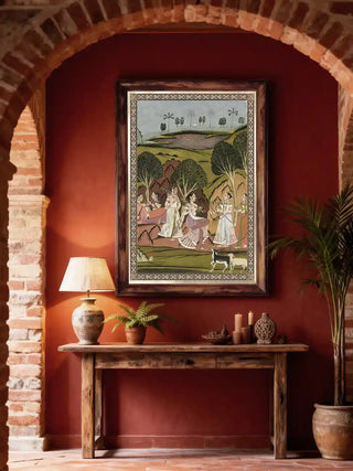 Musical Evening wall art in meadow green, framed in weathered wood on a deep red wall above a rustic console with a ceramic lamp and potted palm in a brick-arched entryway.