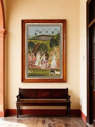 Musical Evening wall art in meadow green, framed in polished rosewood above a dark wooden bench in a sunlit hallway with timber floors.