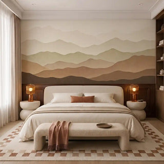 The Muted Horizon sienna sage wallpaper installed behind a cream upholstered bed with rattan table lamps and a checkered rug view-bedroom