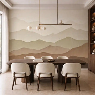 The Muted Horizon sienna sage wallpaper installed behind a dark wood dining table with cream upholstered chairs and a brass pendant light view-dining