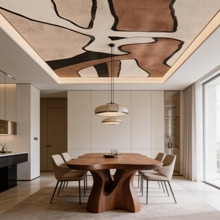 The Muted Mosaic abstract geometric fresco ceiling wallpaper mural styled inside a luxury organic modern dining room over a live-edge walnut table view-ceiling