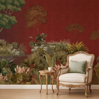 A room view of the Mystic Scarlet Wallpaper in maroon, showcasing its continuous tropical landscape mural.