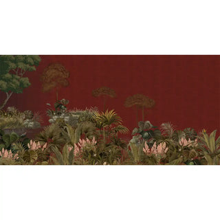 wallpaper showing trees, shrubs, and intricate forest detailing in earthy tones.
