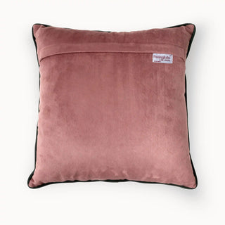 The back view of the Mauve Rose velvet cushion featuring a hidden zipper and the Prasanaakshi by Life n Colors label.