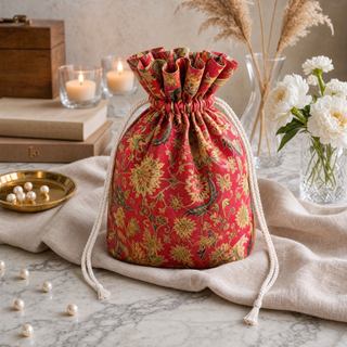 A second styling view of the Nar Pomegranate Hanging Charm in Gold & Red beside the floral potli bag, with pearls and dried pampas grass.