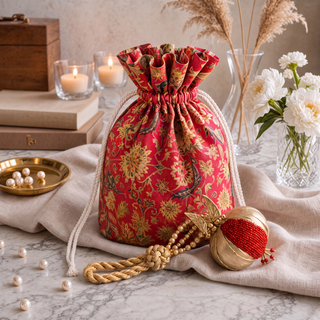 The Nar Pomegranate Hanging Charm in Gold & Red styled beside a red and gold floral potli bag, pearls, candles and white flowers on marble.