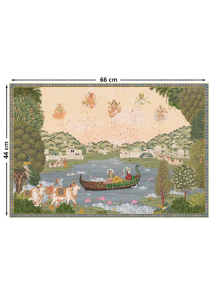 Nauka-Vihar wall art in the 44 x 66 cm size, showing Radha and Krishna in a peacock-prow boat on a lotus lake.