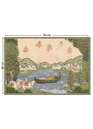 Nauka-Vihar wall art in the 60 x 90 cm size, showing Radha and Krishna in a peacock-prow boat on a lotus lake.