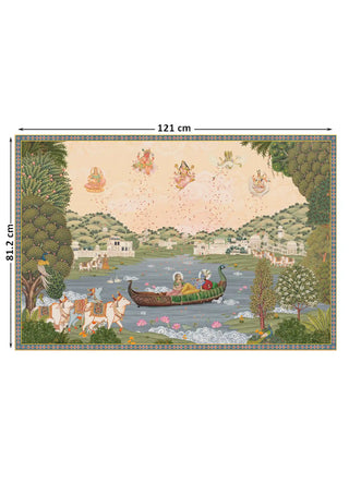 Nauka-Vihar wall art in the 81.2 x 121 cm size, showing Radha and Krishna in a peacock-prow boat on a lotus lake.