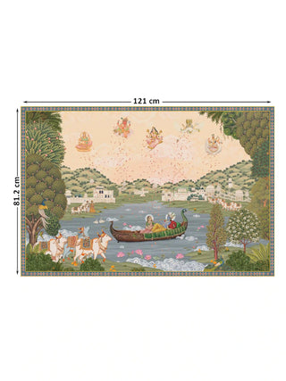 Nauka-Vihar wall art in the 81.2 x 121 cm size, showing Radha and Krishna in a peacock-prow boat on a lotus lake.
