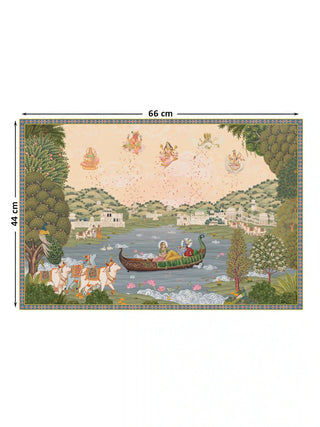 Nauka-Vihar wall art in the 44 x 66 cm size, showing Radha and Krishna in a peacock-prow boat on a lotus lake.