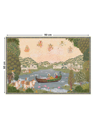 Nauka-Vihar wall art in the 60 x 90 cm size, showing Radha and Krishna in a peacock-prow boat on a lotus lake.