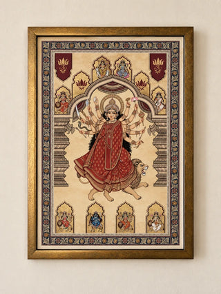Navadurga Virajitam framed wall art: Goddess Durga on her lion under a gilded arch with her nine forms, wooden frame with ivory mount