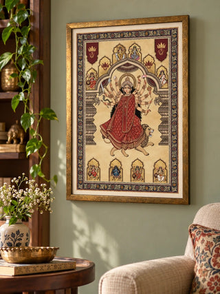 Navadurga Virajitam framed wall art on a living room wall