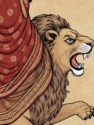 A detailed macro close-up of the Navadurga Virajitam highlighting the roaring lion and the crimson sari’s gold-patterned border