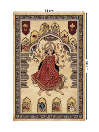 Full pattern layout of the Navadurga Virajitam parchment wall art shown at 66 cm by 44 cm dimensions with the goddess, lion and eight arched niches