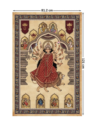 Full pattern layout of the Navadurga Virajitam parchment wall art shown at 121 cm by 81.2 cm dimensions with the goddess, lion and eight arched niches
