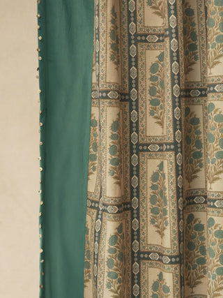 Nayab Readymade Curtain in Mughal Floral readymade curtain, Detailed side-view of the teal velvet curtain border accented with a delicate gold coin fringe.