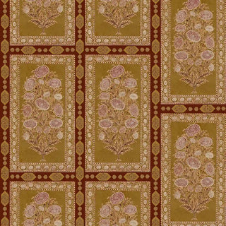 Full pattern layout of Nayab heritage wallpaper in Mustard featuring framed floral guldastas.