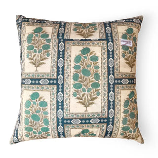 The back view of the Nayab cushion featuring a full-surface silk-printed botanical pattern and the Life n Colors label.