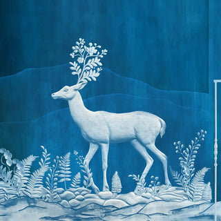 Neel Upvan Nature Wallpaper: Close-up detail of the majestic white deer standing in a floral landscape against the deep blue background.