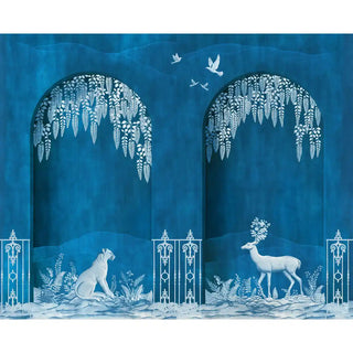 Neel Upvan Nature Wallpaper: Seamless strip showing the lower section of the white scenic pattern against the blue background.