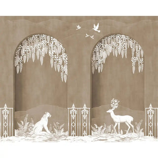 A close-up of the Neel Upvan sepia design highlighting the ornate floral architectural arches and fine-line vines.