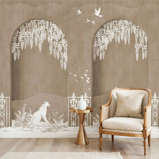 A full-scale Neel Upvan sepia wall mural featuring a hand-sketched Indian landscape with deer and traditional arches.