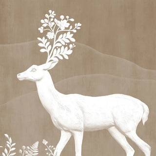 A detailed view of the Neel Upvan mural in sepia showing intricately sketched deer and birds amidst botanical forest motifs.