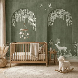 Nursery room with wooden crib, decorative neel upvan green wallcovering view-kids
