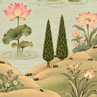 A detailed close-up of the Neer Kamal wallpaper showing pink lotuses with broad pad leaves, twin cypress trees and flowering shrubs on golden hills