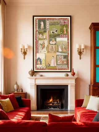 Netri Mughal miniature collage mural styled above a classic white fireplace in a luxury living room.