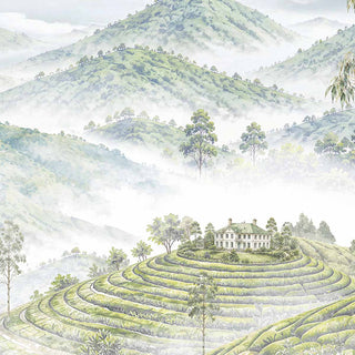 A high-resolution close-up detail shot focusing on the colonial estate house, terraced tea plantation, and misty hills of the Nilgiri mural.