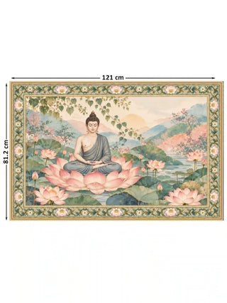 Nirvana Bloom landscape wall art in Sage & Blush with a meditating Buddha on a pink lotus beside a river, marked with its 121 cm by 81.2 cm dimensions.