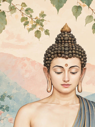 A detailed view of the Buddha's calm face, curled topknot and grey-blue robe in the Nirvana Bloom wall art, with pink hills and heart-shaped leaves behind.