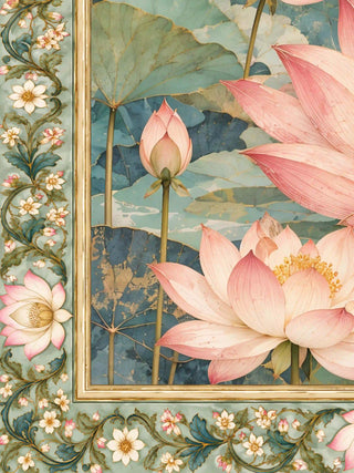 A close-up of the Nirvana Bloom wall art showing pink lotus flowers, a lotus bud, gold-flecked teal leaves and the sage floral border.