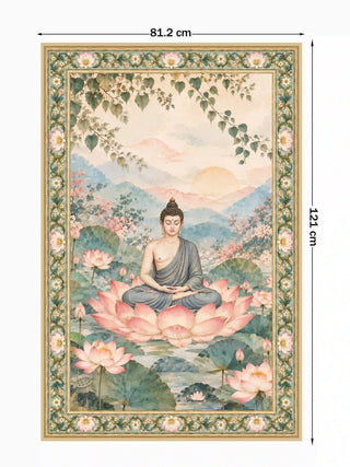 The Nirvana Bloom wall art in Sage & Blush, a meditating Buddha on a pink lotus, shown with its 81.2 cm by 121 cm portrait size dimensions.