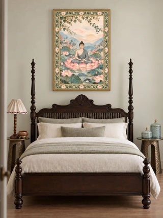 The Nirvana Bloom wall art in Sage & Blush in a gold frame above a dark wood four-poster bed with cream and sage linen